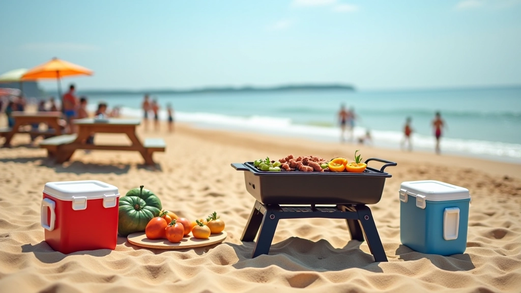Well-organized barbecue grill and equipment setup on beach with coolers and food prep area