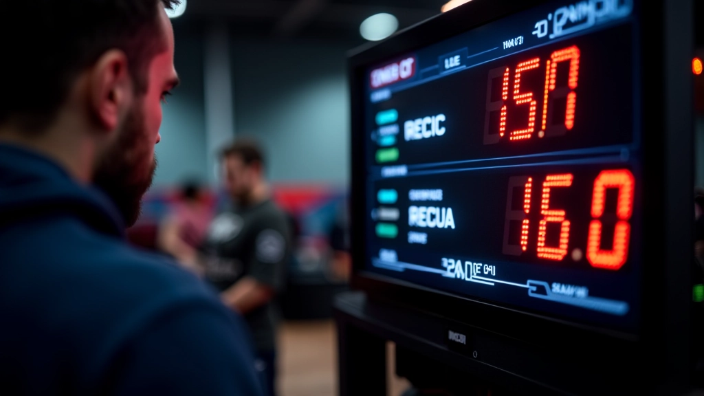 Close-up of a digital racing timing display showing lap times and race results on a LED screen, indoor track control panel