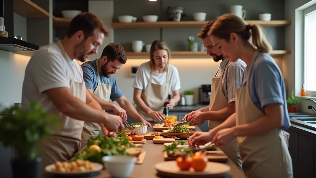 Group of friends working together in a professional cooking kitchen, each person at their own station with ingredients and cooking tools