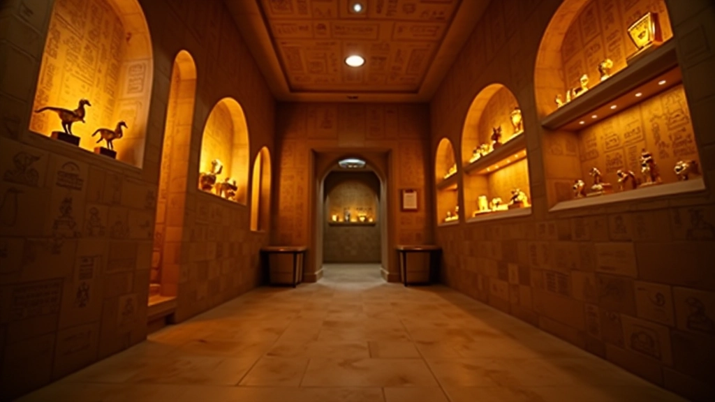 Escape room decorated with Egyptian artifacts and hieroglyphic symbols on walls