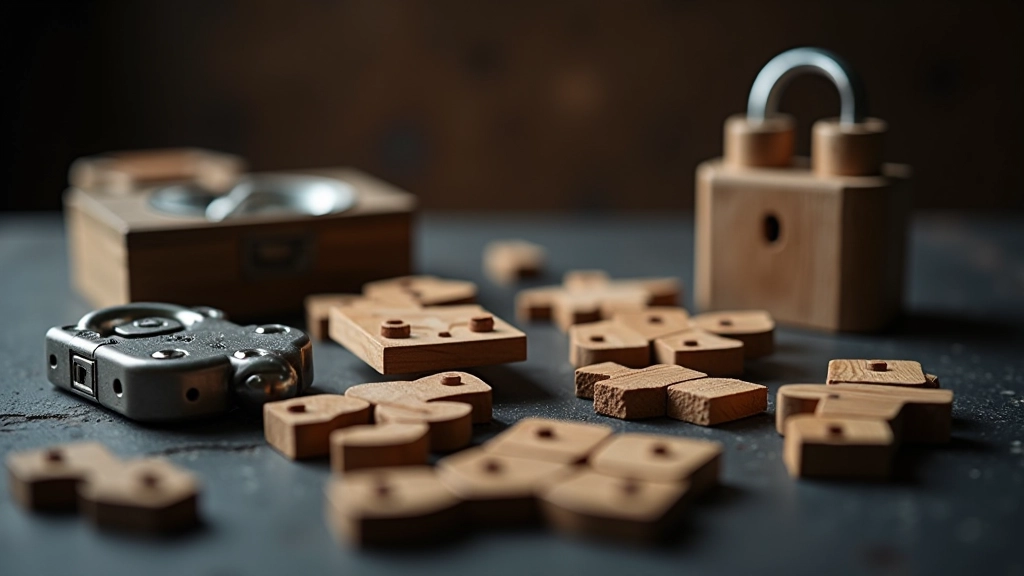 Close-up of puzzle pieces and lock mechanisms inside an escape room