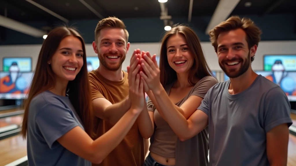 Friends celebrating after bowling game, high-fiving and smiling at the scoring screen showing final results, casual fun atmosphere
