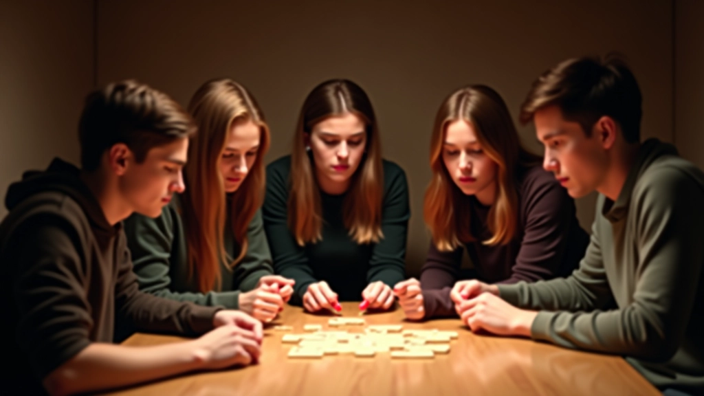Group of young adults inside an escape room, examining puzzle clues on a wooden table together