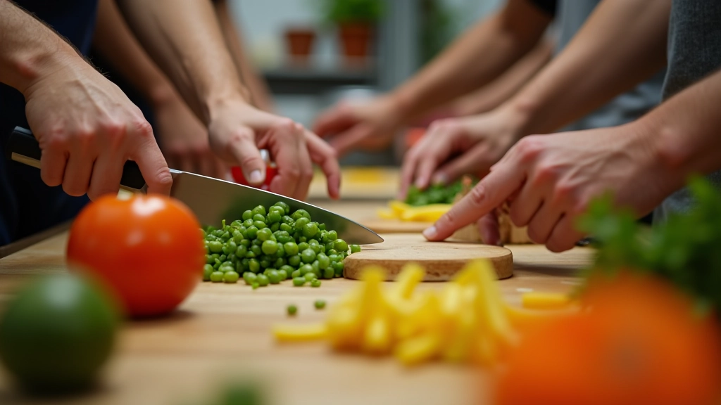 Hands of participants chopping fresh vegetables during a group cooking class