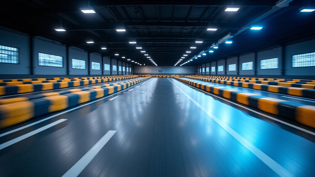 Indoor go-kart racing track with colorful karts and competitors racing