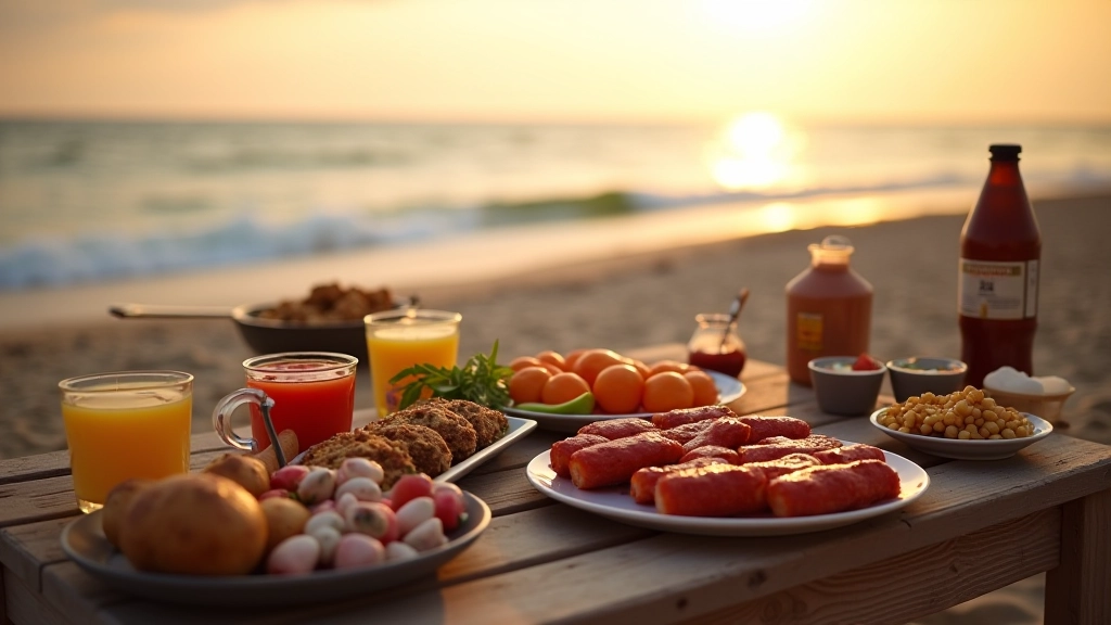 Outdoor beach barbecue setup with grill, tables, and Baltic Sea coastline in background