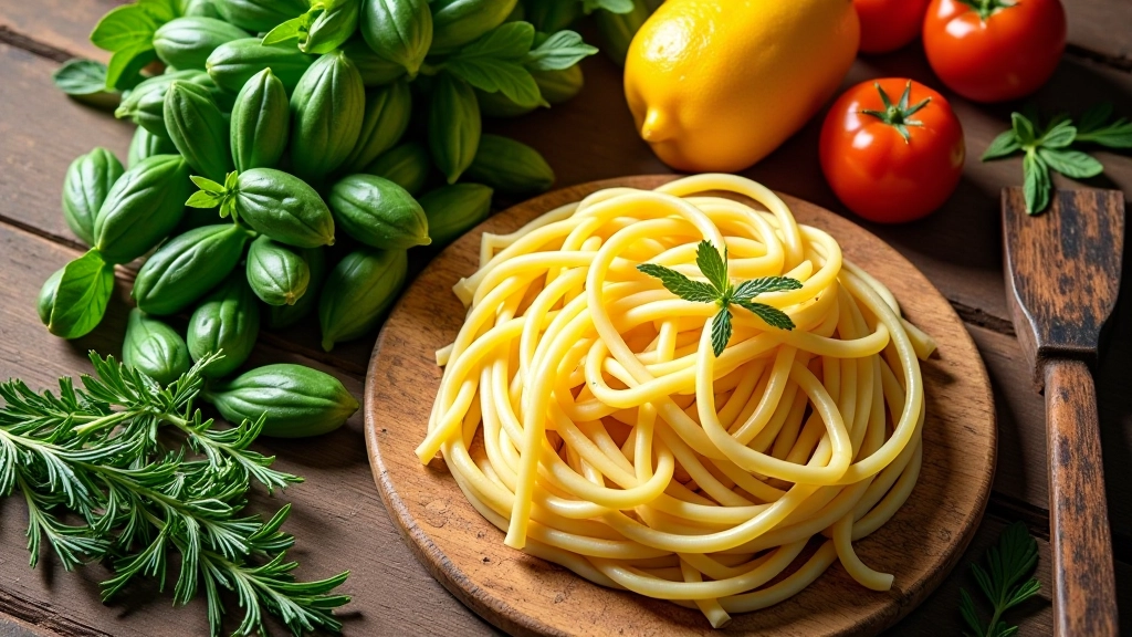 Overhead view of colorful pasta, fresh herbs, and cooking ingredients arranged on wooden kitchen counter during a culinary class preparation