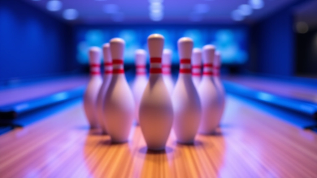 Colorful bowling pins arranged in perfect formation on a wooden lane, modern bowling alley with ambient lighting and polished wood floor