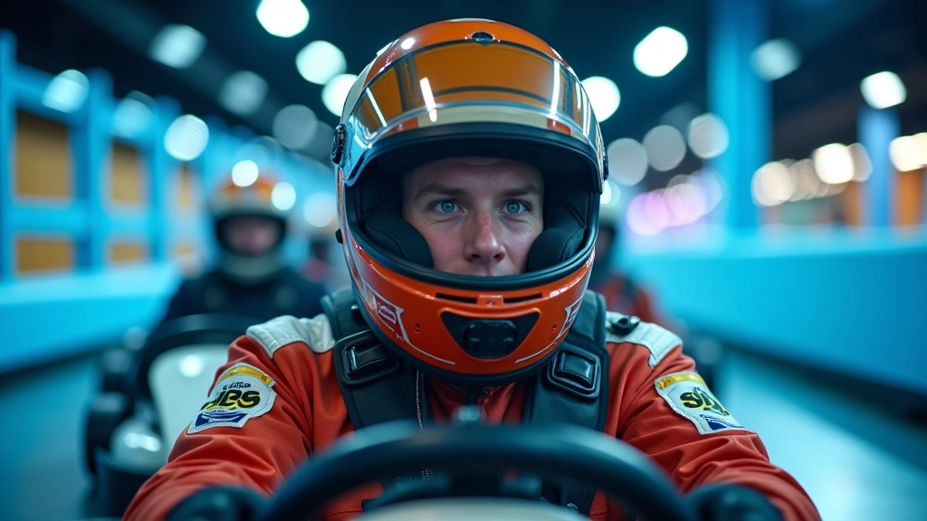 Group of young adults in competitive go-kart racing helmets, focused expressions, indoor racing facility with blue track barriers